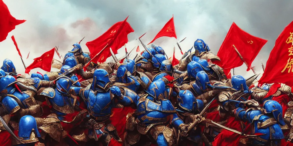 Image similar to mid action shot cinematic artwork of an army of warriors in blue armor fighting an ancient Chinese army wearing red armor and holding red flags on the battlefield by greg rutowski, masterpiece, 4k