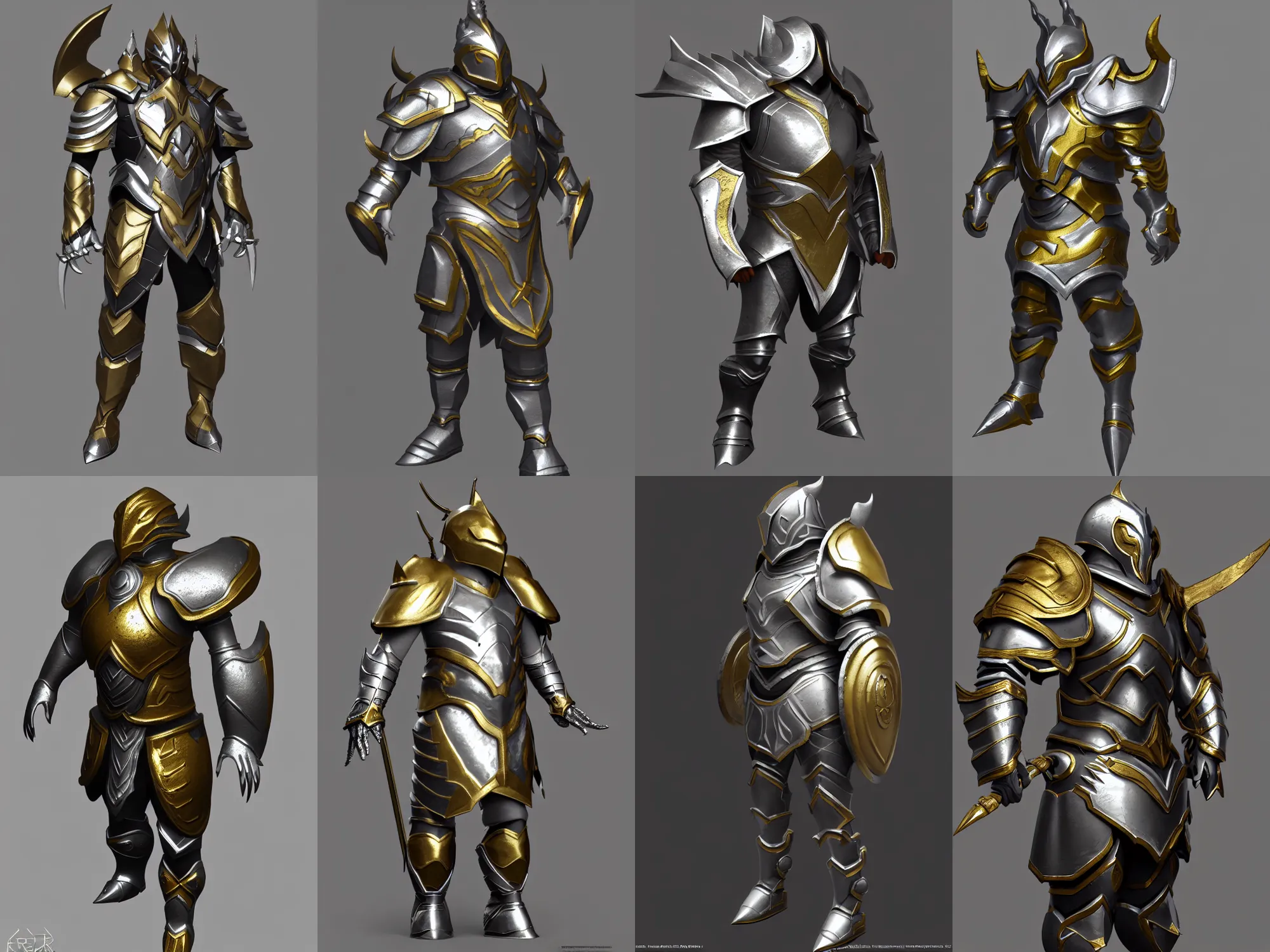 Prompt: render of awesome heavy fantasy hero armor, silver with gold trim, extremely clean, flat shading, exaggerated proportions, trending on Artstation, fantasy character concept, HD Octane render, 8k