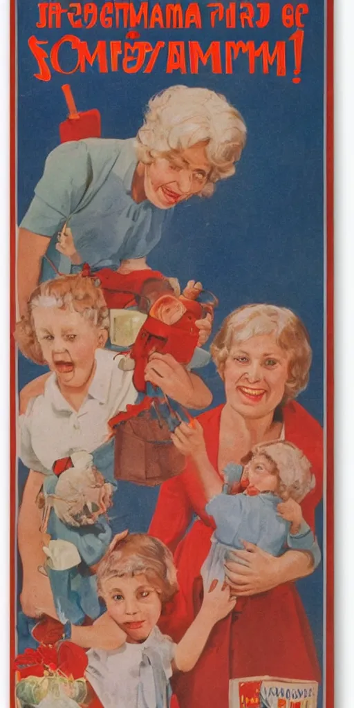 Prompt: buy a grandmother advertisement poster for soviet children