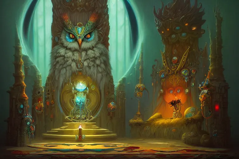 Image similar to Throne Room of the Shaman Owl King, by Peter Mohrbacher