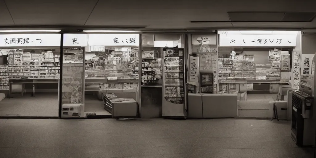 Image similar to interior of a japanese convenient store after midnight, large windows with a view of a parking lot, grey interior, low lights, old television with static noise in the pathway, creepy atmosphere, desolate, cinematic, cyberpunk, 8 k, trending on artstation