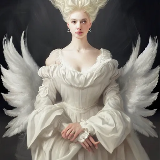 Prompt: A masterpiece portrait of a royal princess baroque rococo girl with tall white amazing victorian wig with angel wings. trending on artstation, digital art, by Stanley Artgerm Lau, WLOP, Rossdraws, James Jean, Andrei Riabovitchev, Marc Simonetti, Yoshitaka Amano