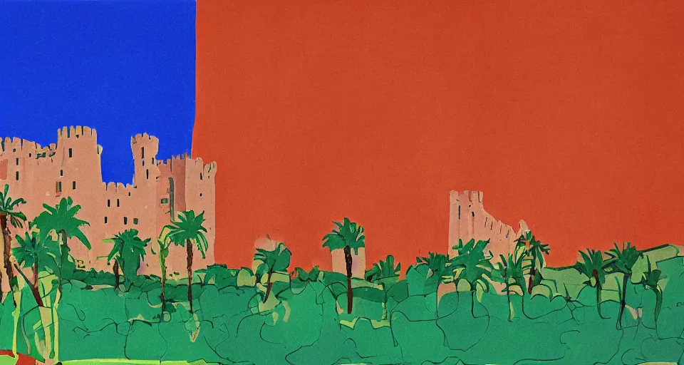 Image similar to color sketch of denia castle, highly detailed, dramatic lighting, intense shadows, rich deep colours, by david hockney