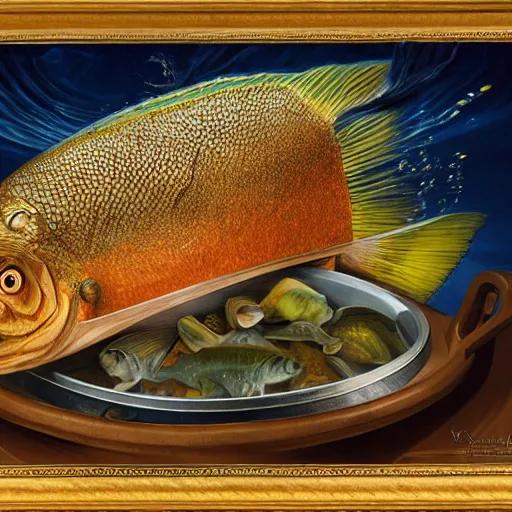 Image similar to a fish on the top of a pile of fish, inside a cooking pot, side view, by vladimir kush, dystopian aer, rococo