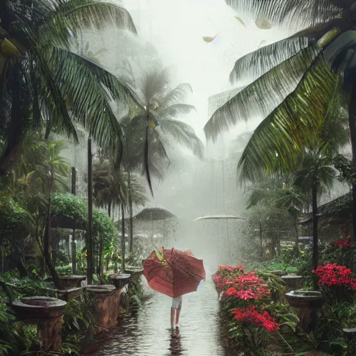 Image similar to monsoon on tropical island, ornate, beautiful, atmosphere, vibe, mist, coconuts, rain, wet, pristine, puddles, melting, dripping, snow, creek, lush, ice, bridge, forest, roses, flowers, by stanley artgerm lau, greg rutkowski, contest winner, trending on artstation