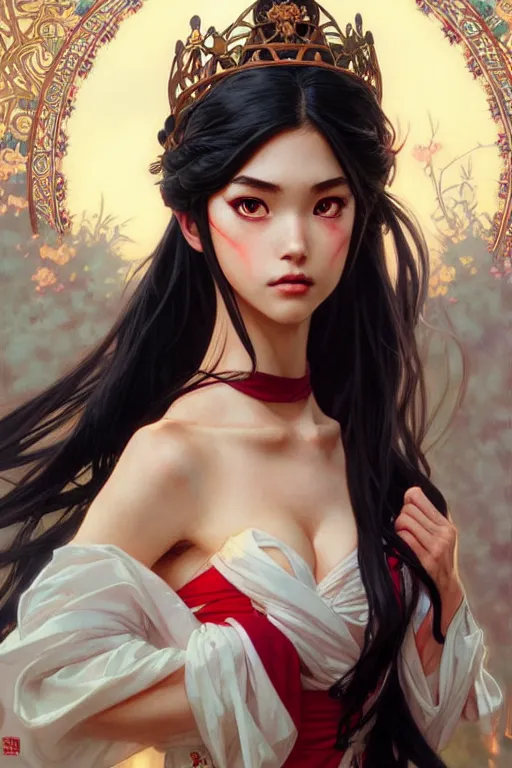 Image similar to rei hino as a princess, fantasy, intricate, elegant, highly detailed, digital painting, artstation, concept art, matte, sharp focus, illustration, art by artgerm and greg rutkowski and alphonse mucha