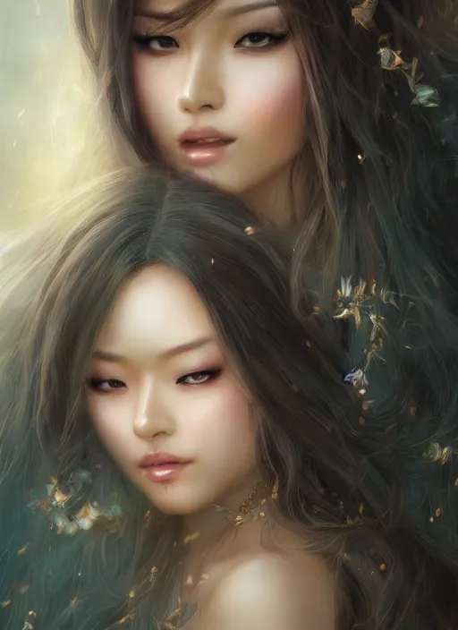 Image similar to a beautiful woman gheisa, 8 k, hyperrealistic, asian hyperdetailed, beautiful face, long hair windy, dark fantasy, fantasy portrait by laura sava