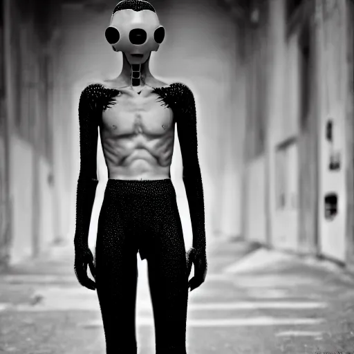 Image similar to fashion photography of a genderless alien model, full body, futuristic dark fashion, photo 3 5 mm leica, hyperdetail, berghain, 8 k, very detailed, black and white