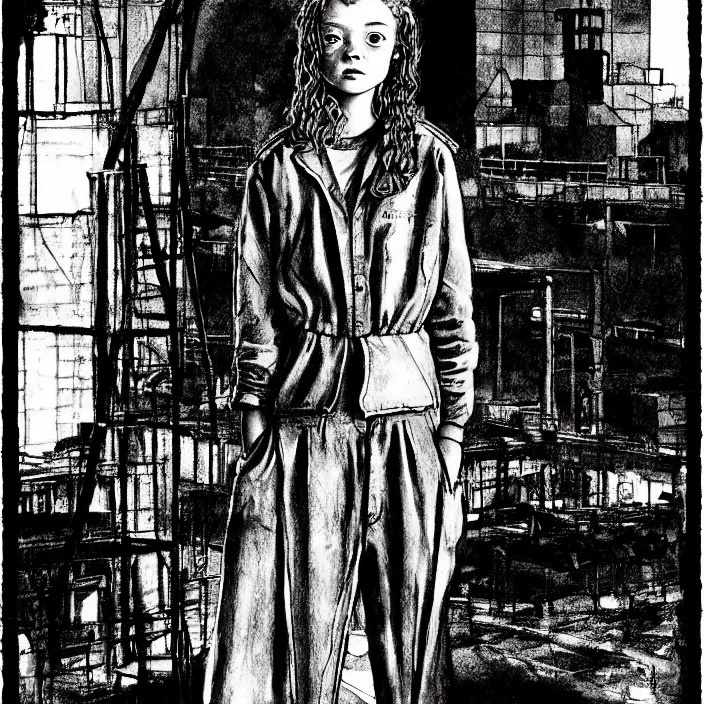 Image similar to sadie sink in dirty work clothes : leaves industrial district. waves goodbye to workmen background : factory, dirty, polluted. technique : black and white pencil and ink. by gabriel hardman, joe alves, chris bonura. cinematic atmosphere, detailed and intricate, perfect anatomy