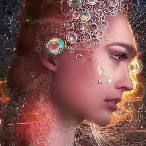 Image similar to very beautiful woman integrating with technology, full face frontal centered, portrait, insipiring, detailed intricate ornate cables connected to head, big open electric eyes, luxurious detailed abundent wiring and implants, diamonds, sci-fi, neon, emeralds, detailed technology full background, highly detailed, artstation, Rene Lalique and Eddie Mendoza and Gil Elvgren