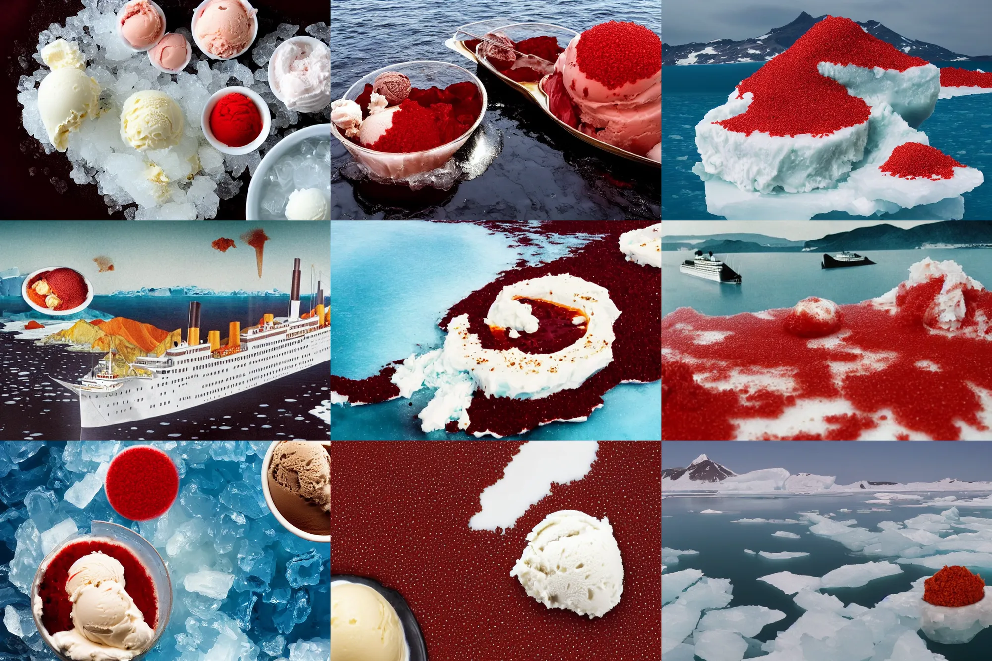 Prompt: a large island of red caviar and ice cream and brown water in the center, mountains of ice cream, titanic sails near