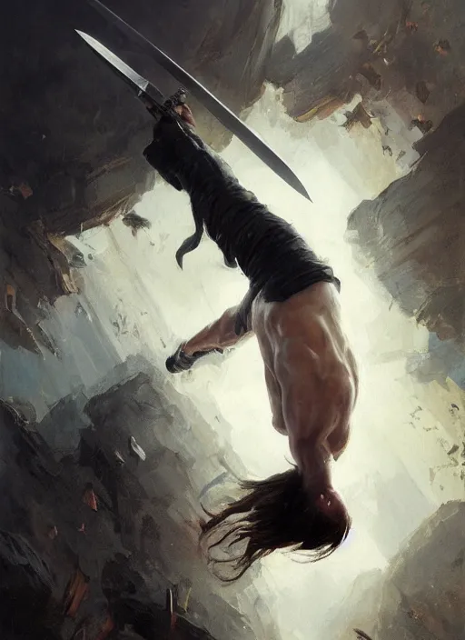 Image similar to a young man with wide, intense eyes, standing upside down on the ceiling. he is bald and clean shaven, dressed entirely in white and holding a huge sword. painting by greg rutkowski and raymond swanland