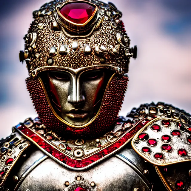 Image similar to photo of a beautiful! warrior with ruby encrusted armour, highly detailed, 8 k, hdr smooth, sharp focus, high resolution, award - winning photo, dslr, 5 0 mm