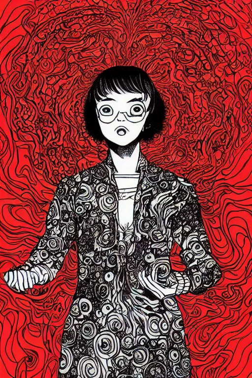 Image similar to a drawing of a person holding a red object, a manga drawing by Yuko Shimizu, behance contest winner, psychedelic art, psychedelic, cosmic horror, fractalism