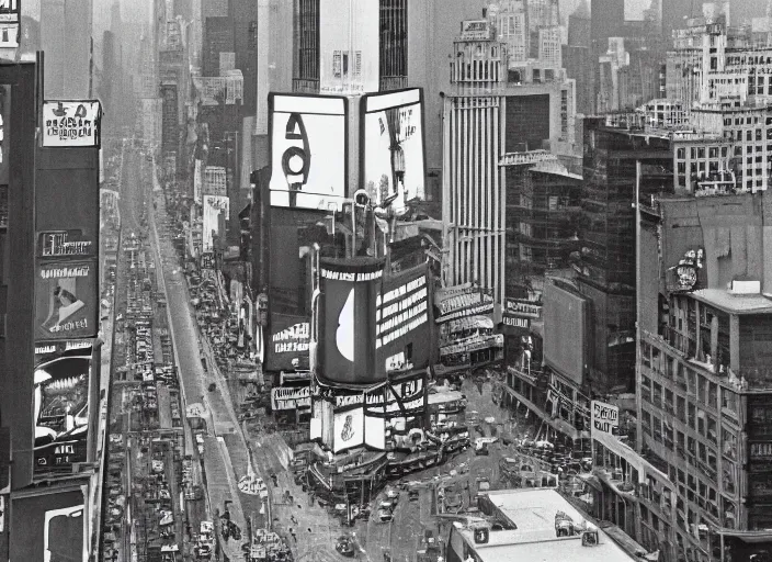 Prompt: Photo of Times Square from 1970, high quality, 8K HD, highly detailed, gritty