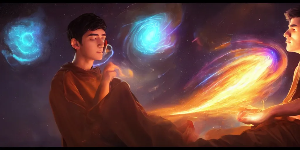 Image similar to a young mage creating a universe in his pc, a male mage in his 2 0 s with black hair sitting in front of wide monitor. hyperrealistic, extremely detailed, award - winning art, trending on artstation