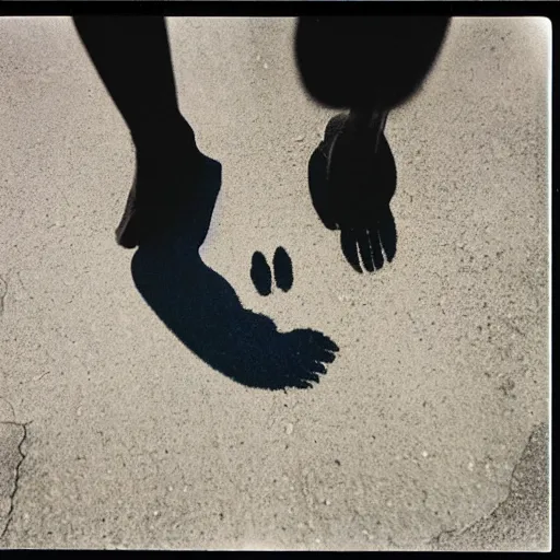 Image similar to wide-shot, low-angle eyesight first-person!! cat's paw prints on fresh cement at the street, polaroid photo, by Andy Warhol