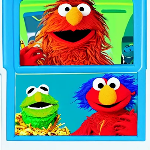 Prompt: car traffic on sesame street with muppets colorful cel shading, cookie monster, elmo, oscar the grouch