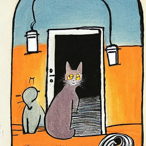 Prompt: by tove jansson, an orange cat crossing in front of a dim doorway, comic