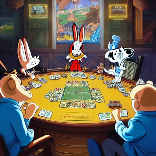 Image similar to a highly detailed vector picture of bugs bunny and captain crunch and snoopy and bender playing poker, art by dan mumford and yusuke murata and makoto shinkai and ross tran, cosmic, heavenly, god rays, intricate detail, cinematic, 8 k, cel shaded, unreal engine, featured on artstation, pixiv