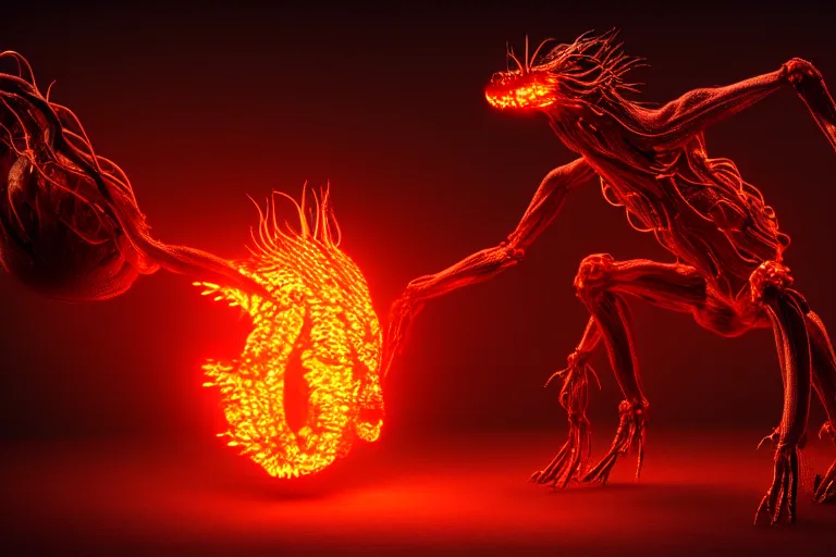 Image similar to fire creature made out of a humanoid nervous system with large meaty spikes all over the body, cinematic, volumetric lighting, f 8 aperture, cinematic eastman 5 3 8 4 film, photorealistic