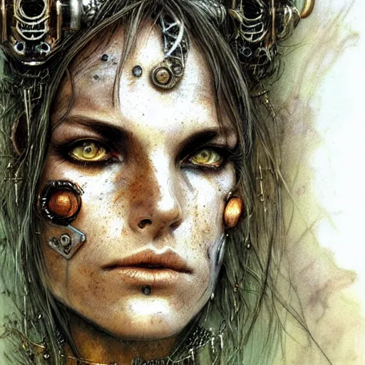 Image similar to an award finning closeup facial portrait by luis royo and john howe of a very beautiful and attractive female bohemian cyberpunk traveller aged 6 0 0 years old with green eyes and freckles in clothed in excessively fashionable cyberpunk gear and wearing ornate warpaint