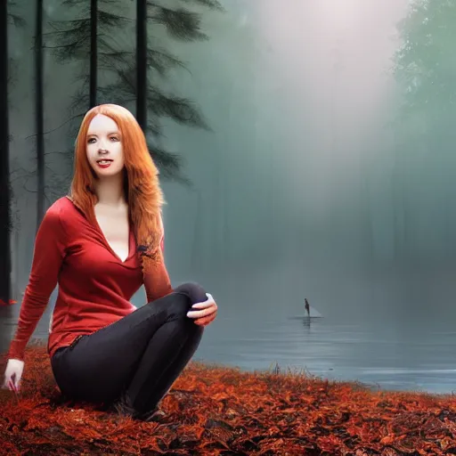 Image similar to dark red golden retriever in forest lake, matte painting in 4 k, concept art width 1 0 2 4 with young woman