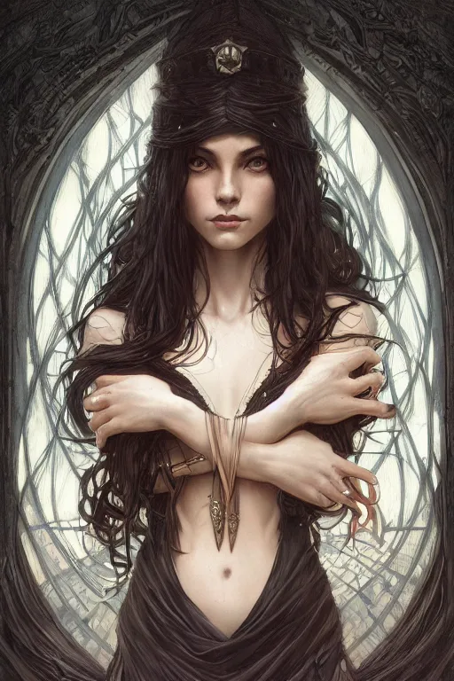 Image similar to a photograpic portrait of a pretty dark sorceress, fantasy, ominous, intricate, elegant, highly detailed, digital painting, artstation, concept art, smooth, sharp focus, illustration, art by artgerm and greg rutkowski and alphonse mucha