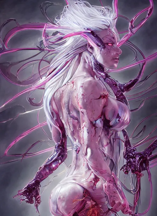 Image similar to comic art,Sprial, a beautiful female six-armed Mutant and Cyborg Sorcerer with white hair dancing in the air,melting,full character design,8k,art by Stanley Artgermm,Travis Charest,Carne Griffiths,trending on Artstation,face enhance,hyper detailed,full of colour,cinematic,dynamic lighting