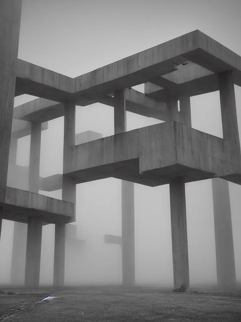 Image similar to High resolution black and white photograph with a 35mm F/5.0 lens of a brutalist architectural building in Bulgaria in the 1980s in the middle of a deserted nowhere while foggy and cloudy.
