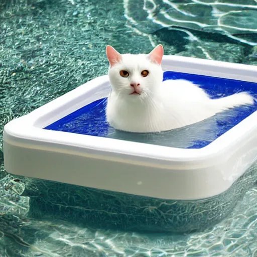 Prompt: white cat on a float in the pool