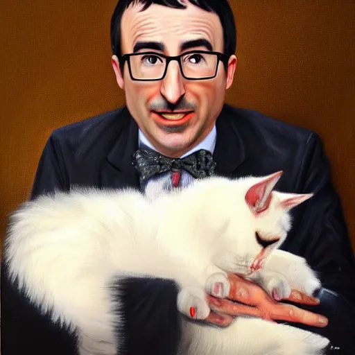 Prompt: John Oliver, stroking a cat. Oil painting, portrait.