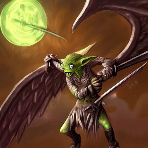 Image similar to goblin with angel wings, wings have knives instead of feathers, sword in hard, realistic, cinematic, night time,