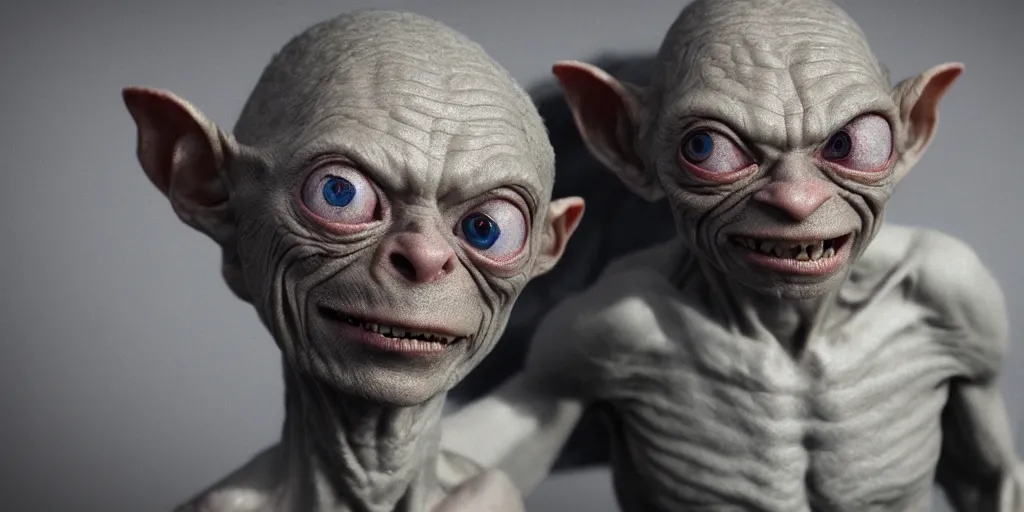 Image similar to needle felt portrait of gollum, very detailed, tilt shift, eerie, unreal engine, hyper realism, realistic shading, cinematic composition, blender render, octane render, hdr, detailed textures, photorealistic