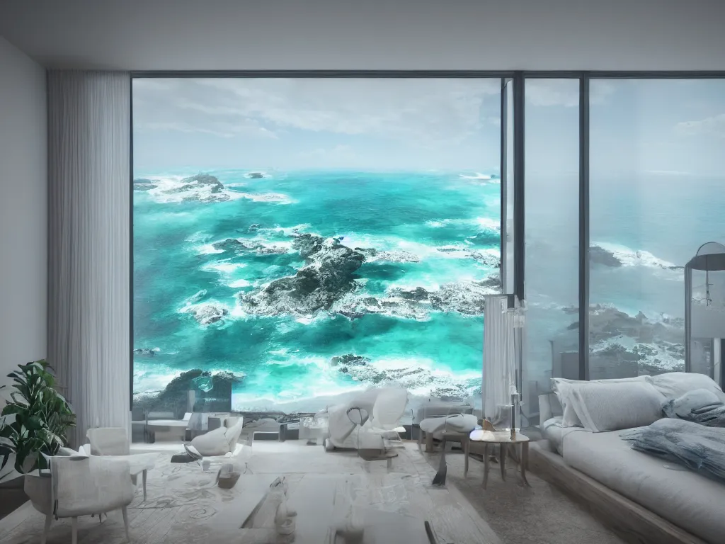 Image similar to photo in a room with an ocean view, aerial photography, exquisite detail, octane render, 8 k postprocessing, concept art, sharp focus,