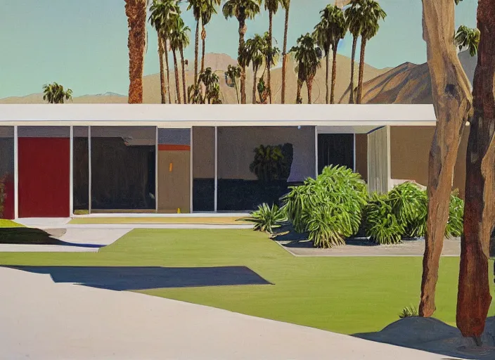 Image similar to painting of a richard neutra house in palm springs by wayne thiebaud