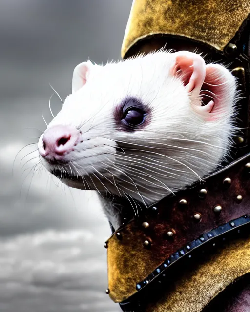 Prompt: ferret warrior, furry, fantasy, viking, high detailed, photography, cloudy, lightweight leather armour, scandinavia, plain, detailed face, look into the distance, serious face, full body, in helmet, in full growth, professional photographer, masterpiece, 5 0 mm, extremely detailed, digital art 8 k