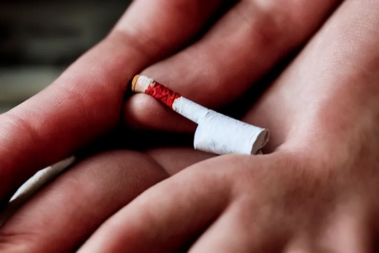 Image similar to cigarette in five fingers, thin soft hand holding cigarette, hyper realistic, natural