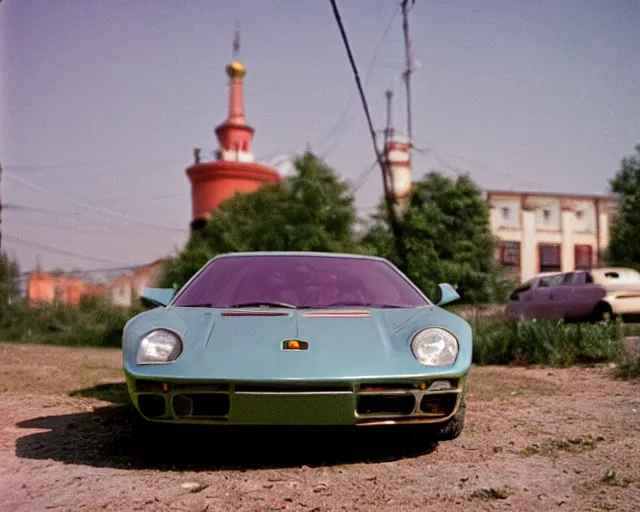 Image similar to a lomographic photo of lamborgini standing in typical soviet yard in small town, hrushevka on background, cinestill, bokeh