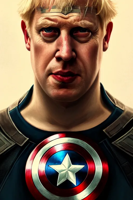 Image similar to Boris Johnson as Captain America, realistic portrait, symmetrical, highly detailed, digital painting, artstation, concept art, smooth, sharp focus, illustration, cinematic lighting, art by artgerm and greg rutkowski and alphonse mucha