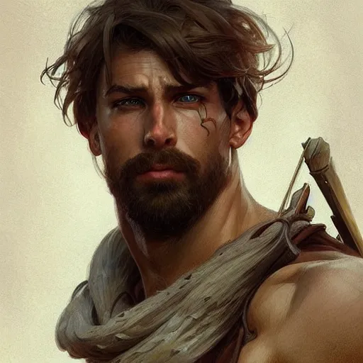 Image similar to portrait of rugged male ranger d & d muscular fantasy intricate elegant headshot portrait detailed face coherent face highly detailed digital painting artstation concept art smooth sharp focus illustration art by artgerm and greg rutkowski and alphonse mucha