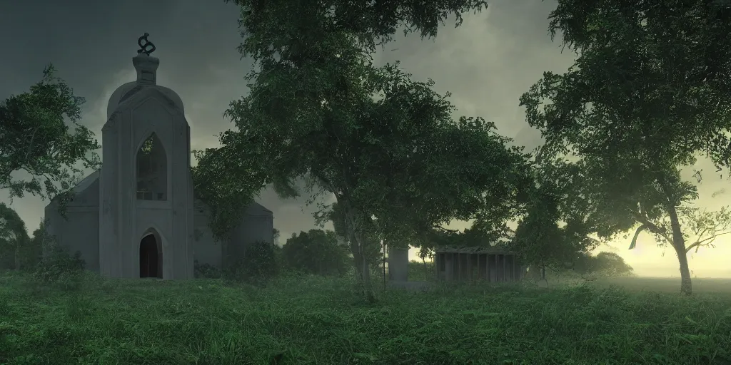 Image similar to abandoned green smooth concrete islamic church, surrounded by lush green forest and red ponds of water, stunning volumetric lighting, sundown, stunning skies, trending on Artstation, 8k, photorealistic, hyper detailed, unreal engine 5, IMAX quality, cinematic, epic lighting, cryengine, octane render, gloomy, foggy, dark