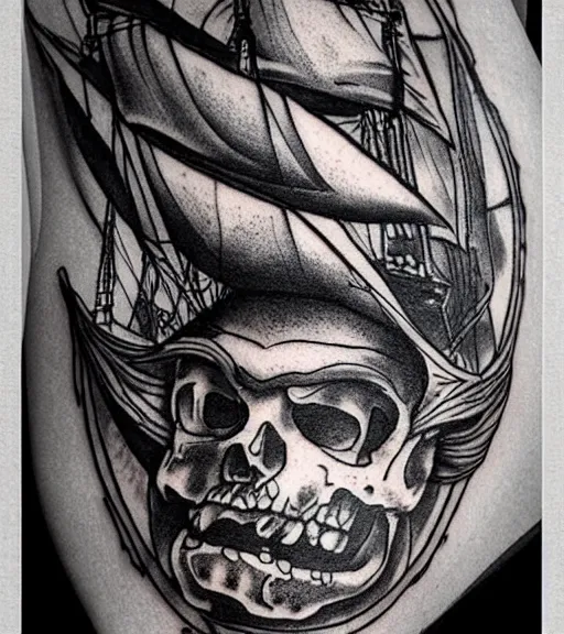 Image similar to A tattoo design on paper of a pirate ship, on paper, black and white, highly detailed tattoo, realistic tattoo, realism tattoo, beautiful shades