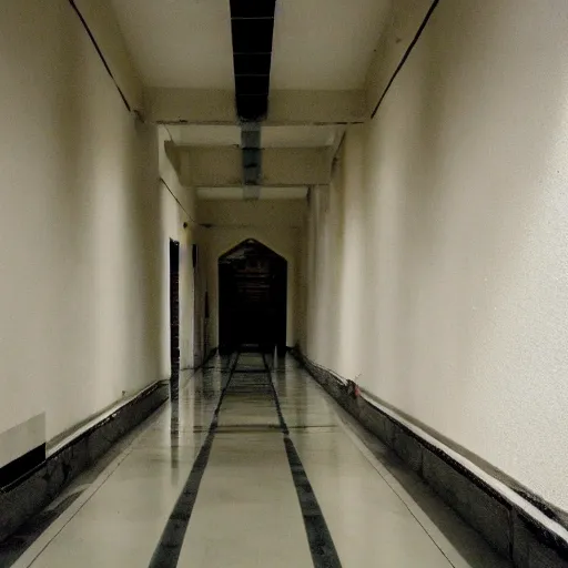 Prompt: an endless hallway with shallow water at the bottem of it, liminal