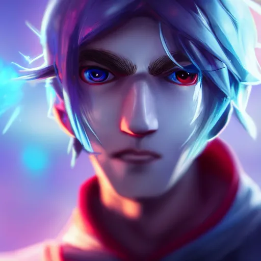 Image similar to league of legends character style of teenager cute boy, blonde hair, blue eyes, shows magic, close up, cinematic light, dark room, detailed, photo, 8K