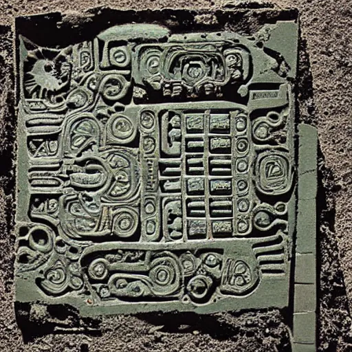 Prompt: circuit board from a ufo recovered from an ancient Mayan ruin. Archeology journal photo