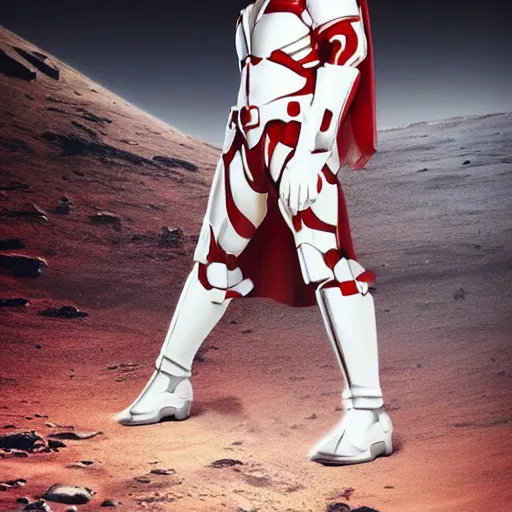 Image similar to tall muscular infantry man in glossy sleek white armor with a few red details and a long red cape, heroic posture, on the surface of mars, night time, dramatic lighting, cinematic, sci-fi, hyperrealistic, movie still