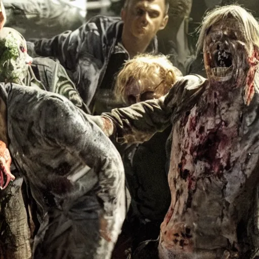 Image similar to donald trump as zombie in the walking dead. movie still. cinematic lighting