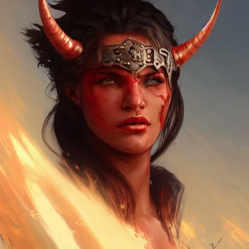 Prompt: portrait of a strong fierce female berber tiefling barbarian with red skin. devil horns and black hair in a ponytail wearing a steel chestplate in a desert, fantasy, highly detailed, digital painting, artstation, concept art, character art, art by greg rutkowski and tyler jacobson and alphonse mucha