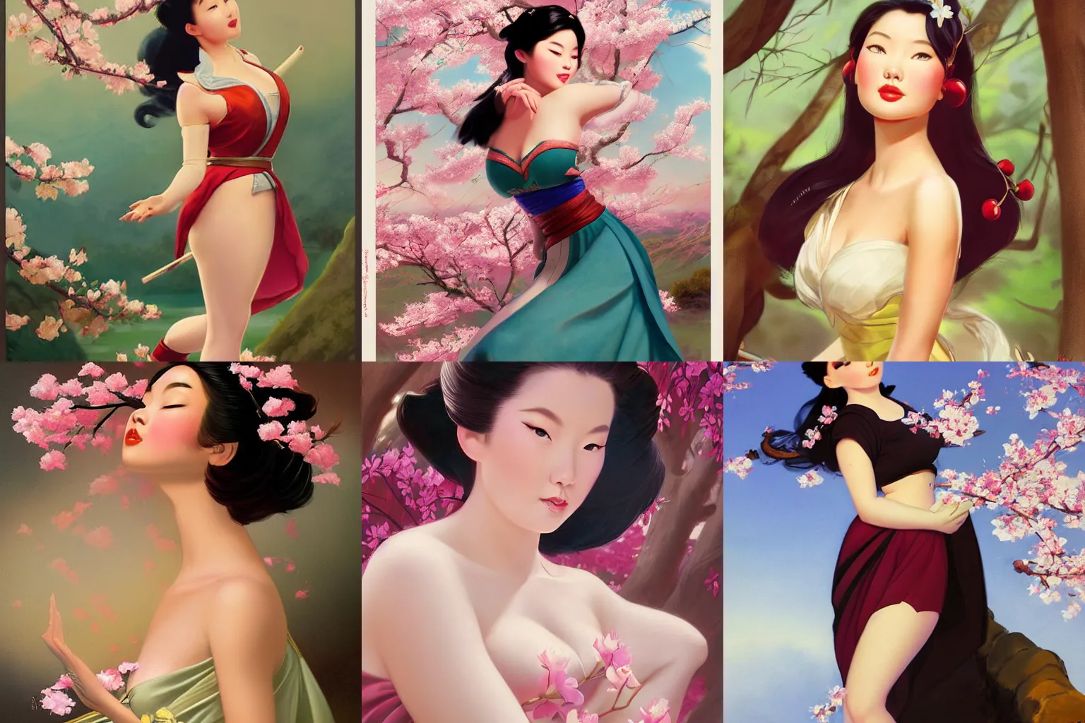 Prompt: portrait of a young curvaceous mulan, dreamy and ethereal, cherry blossoms, expressive pose, peaceful expression, elegant, highly detailed, digital painting, artstation, concept art, smooth, sharp focus, by gil elvgren by harry ekham